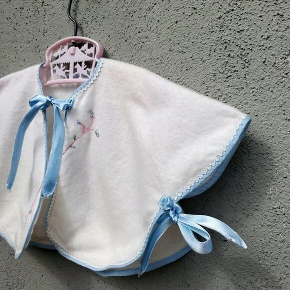 Vintage Baby Cape White Flannel with Blue Ribbon Trim Hand Embroidery - Picture 7 of 9